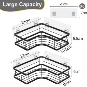 TIANYI-Etag&egrave;re Douche, Etagere Salle de Bain Angle 2 PCS, Etagere sans Percage Acier Inoxy avec 8 Crochets et 6 Adh&eacute;sifs Rangement Douche Noir - Neuf