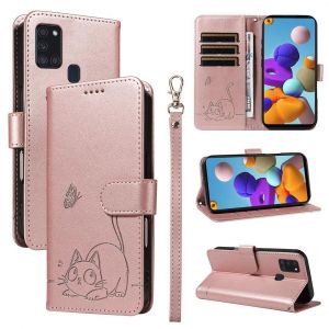 SATURCASE Coque pour Samsung Galaxy A21S, Chat Mignon PU Cuir Magn&eacute;tique Flip Portefeuille Support Porte-Carte Dragonne Protecteur Housse &Eacute;tui pour Samsung Galaxy A21S (ZC-Or rose) - Neuf