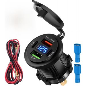 KALANKA-66W 12 Volts Prise USB, 4 Ports Prise de Chargeur de Voiture Double PD 3.1A 30W et Double Rapide Charge USB A avec LED Voltm&egrave;tre pour Voiture Chargement Rapide pour Bateau Camping-Car Camion - Neuf