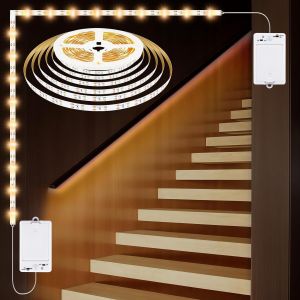 Bande Led Avec Détecteur De Mouvement,5 M,150 Led Blanc Chaud,Dual Control,Éclairage D'escalier,Rechargeable,Avec Détecteur De Mouvement,Pour Table De Chevet,Escalier,Armoire - Neuf