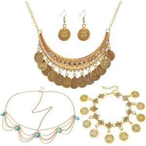 Kalvd-4 Pcs Bijoux De Bohème,Chaînes De Tête En Or,Colliers,Bracelets,Boucles D'oreilles,Bijoux De Mode,Chaînes À Pompons,Bal De Fin D'année,Mariages Pour Dames Et Jeunes Filles - Neuf