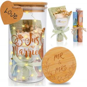 TZF-Cadeaux de mariage pour couple de mariés - Bouteille lumineuse LED avec fleurs séchées - Pendentif et lumières LED - Tirelire Just Married - Cadeau de mariage - Argent (mariage) - Neuf