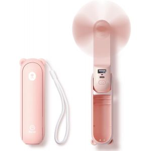 Mini ventilateur portable 3 en 1, ventilateur de poche rechargeable, à piles [14 à 21 heures d'autonomie] avec batterie externe et fonction lampe de poche - Rose - Neuf