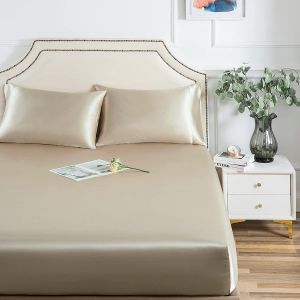 Drap-Housse En Satin 200 X 200 Cm - Beige - Soie Brillante - Convient Pour Matelas Jusqu'à 25 Cm - Neuf