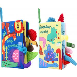 JGD-Jouet de Livre Tissu pour B&eacute;b&eacute; &iquest; Livre &Eacute;veil B&eacute;b&eacute; 0 3 6 9 Mois Montessori Sensoriel, Jouets Suspendus Poussette Jouet Fille Gar&ccedil;on &iquest; Derniers Jouets pour Enfants 2PCS Jungle & Dinosaures - Neuf