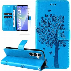 JGD-Coque pour Samsung Galaxy A36 5G Etui Coque Portefeuille Cuir avec Verre Tremp&eacute; Motif Porte Carte &agrave; Rabat Clapet Protection Flip Case Housse Coque pour Samsung Galaxy A36 5G-Bleu - Neuf