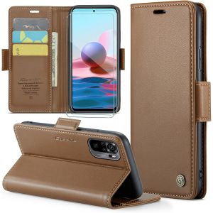 Kal-Coque Pour Xiaomi Redmi Note 10 4g/Redmi Note 10s+ 2 Pièces Verre Trempé,Antivol,Prend En Charge Le Chargement Sans Fil, Pochette Fermeture Magnétique Flip Case-Marron - Neuf