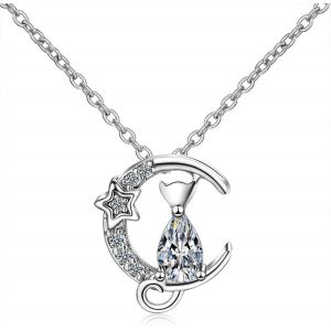 Collier En Argent Sterling S925 Avec Pendentif Chat Et Lune En Cristal 3d Pour Femmes Et Filles, Cadeau Pour Femmes Et Amoureux Des Chats, Argent, Argent&eacute;, Dor&eacute; - Neuf