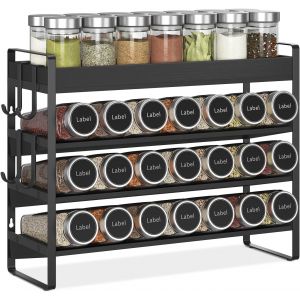 Étagère À Épices Pour Comptoir De Cuisine,Étagère À Épices En Bambou À 4 Niveaux Avec 4 Crochets,Support Mural Autonome Pour Garde-Manger,Noir (Bocaux Non Inclus) - Neuf