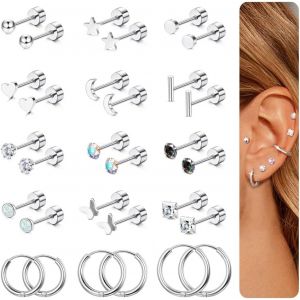 15 Pairs Women's Stainless Steel Zirconia Opal Moon Stars Earrings Silver/Gold Piercing Ear Cartilage Hoop Earrings For Multiple Piercings - Neuf