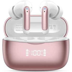 KALANKA-Ecouteurs Bluetooth sans Fil, Casque Bluetooth 5.3 avec HiFi Basses Immersives, 56H Ecouteurs sans Fil avec 4 ENC Mic, Écran LED, Contrôle Tactile, (Or Rose) - Neuf