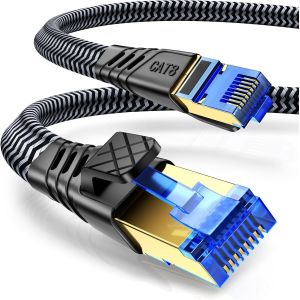 Cat 8 Câble Ethernet, 1M Cat 8 RJ45 Cable Super Débit Réseau Lan Patch 40Gbps 2000MHz Plat Nylon Tressé Câble Internet Compatible avec Routeur, Switch, Modem, TV, PS5/4, Xbox, PC - Neuf