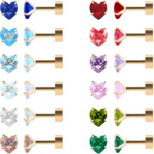 Kal-Lot De 12 Paires De Boucles D'oreilles À Tige En Acier Inoxydable Chirurgical À Dos Plat En Forme De C?ur, Étoile Carrée En Forme De Larme, Plaqué Or, Oxyde De Zirconium - Neuf