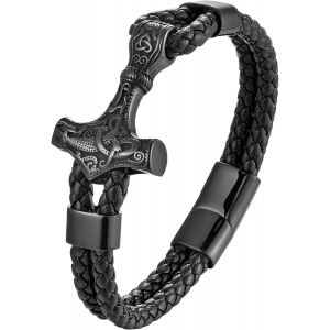 Eryi-Bracelet Homme Cuir, Bracelet Vikings Homme, Croix Chretienne Hommes Bracelets Acier Argent Noir, Bijoux Cadeau Hommes - Neuf