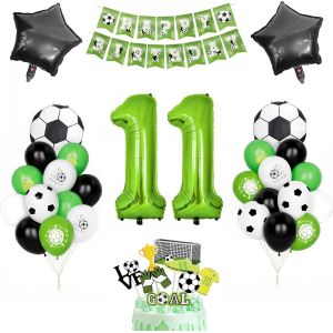 ERYI-Decoration Anniversaire 11 An Football Garcon, Anniversaire Décoration Hélium Ballons Noir Vert Blanc Foot Ballon Numéro Nombre 11 Enfant Garçon Carte Gâteau Joyeux Anniversaire Bannière Accesso - Neuf