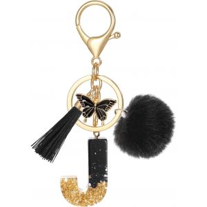 Kal-Porte Clé Lettre Avec Initiale, Porte Clef Alphabet Avec Pendentif Pompon Tassel Papillon Pour Femmes Filles, Charme De Porte Clés En Résine Noir Pour Clé De Voiture Sac À Main Décor - Neuf