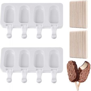 Eryi-Silicone Moule À Crème Glacée, 2 Pcs Réutilisable Moule Glace 4 Cellules Avec 50 Bâtonnets En Bois, Moule À Popsicle Pour Maison Dessert, Jus De Fruits, Yoghurt, Crème Glacée - Neuf