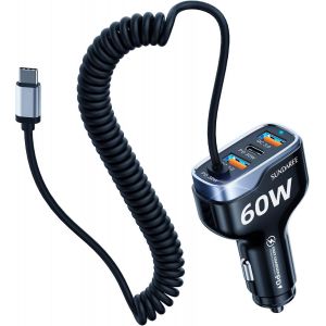 Njmks-Chargeur Voiture Usb C,60w 4 Multi Port 12v Pd Qc Type C 1.8m Câble Spiralé Rapide Charge Prise Allume Cigare Automobile Chargeur For Xiaomi Redmi Note 11/Samsung Galaxy A22/Iphone 14/ Honor - Neuf
