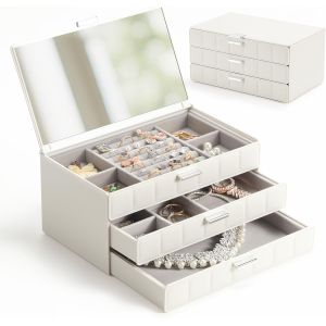 Boîte à Bijoux Femme avec Miroir, Boîte à Bijoux de Grande Capacité à 3 Niveaux, Rangement Bijoux pour Boucles d'oreilles, Bagues, Colliers, Bracelets, Moderne, Blanc - Neuf