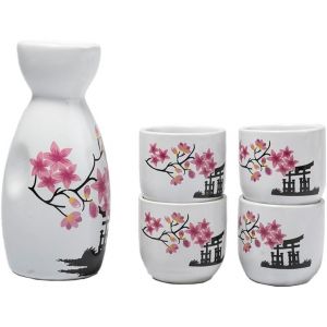 Trahoo-- Service À Sake Traditionnel - Pagode Et Fleurs De Cerisier - Avec 4 Bols & Carafe - Cadeau Vaisselle Asiatique - Service Saké Traditionnel Porcelaine Japon - Idée Cadeau Asie - Neuf