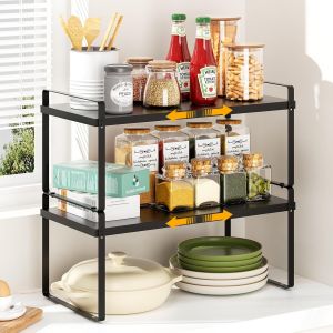 Chenquansarl-Lot De 2 Organ Urs De Cuisine Extensibles Empilables - Étagère Réglable - Étagère À Épices - Convient Pour Armoire De Cuisine (Noir) - Neuf