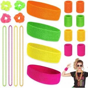Trahoo-Serre Poignet Fluo Annees 80, 20 Pièces Bandes De Transpiration Set Bandeau Sport Pour Hommes Et Femmes Élastiques À Cheveux Colliers Fluo Rétro Accessoires Fête Pour Carnaval - Neuf
