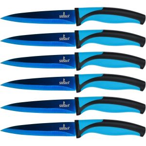 Oayew-Ensemble De Couteaux &Agrave; Steak - Couteaux En Acier Inoxydable Avec Rev&ecirc;tement En Titane Iris&eacute;/Arc-En-Ciel - 5 Pouces / 12,7 Cm - (6 Poign&eacute;e Bleue, Lame Bleue) - Neuf