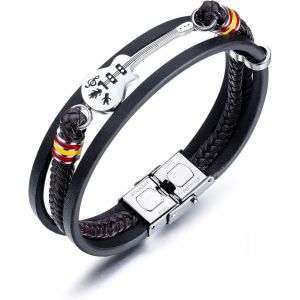 Eryi-Hommes Bracelet Cuir Bracelet Noir Guitare Cordon Tressé Wrap Bracelet En Acier Inoxydable Fermoir Cadeau Pour Hommes - Neuf