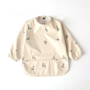 Tablier Impermeable Pour Enfant Avec Poche Et Manches, Bavoir Doux Et Lavable, Tenue Coloree Pour Le Repas, Beige Olive, Taille S (6 A 12 Mois) - Neuf