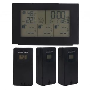 HJLIAN Horloge meteo 3 canaux, thermometre interieur/exterieur, moniteur de temperature et d'humidite sans fil, horloge de previsions meteorologiques - Neuf