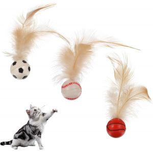 Letnerny-Lot De 3 Balles Rebondissantes &Eacute;lastiques Pour Chat Avec Queues De Plumes Pour Jouer &Agrave; L'int&eacute;rieur Et &Agrave; L'ext&eacute;rieur, Mini Balles Interactives &Agrave; Plumes Pour Chats, Balles Roulantes Pour Chats - Neuf