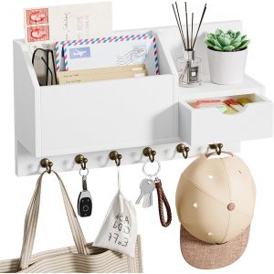 SUBZONAL-Porte-cl&eacute;s, support mural avec 6 crochets et tiroir de rangement, planche &agrave; cl&eacute;s en bois, &eacute;tag&egrave;re murale pour porte-cl&eacute;s, organiseur pour entr&eacute;e, salon, couloir, bureau (blanc) - Neuf