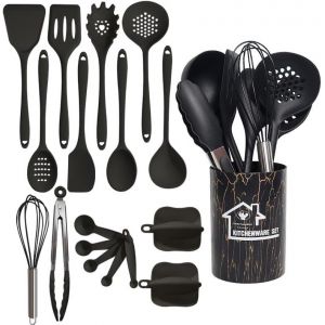 Mevronisshop-18 Ustensiles De Cuisine,Ustensiles De Cuisine En Silicone,Ensemble De Po&ecirc;les Antiadh&eacute;sives R&eacute;sistantes &Agrave; La Chaleur Haute Temp&eacute;rature Avec Pot De Stockage. (Noir) - Neuf