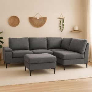 Canapé D'angle 4/5 Places En Tissu Chenille Gris Anthracite Avec Pouf Colchester - Neuf