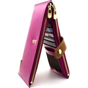 Portefeuille multi-usages en cuir pour femme, blocage RFID, organiseur de cartes avec poche zippée, porte-monnaie pour téléphone portable, rose rouge - Neuf