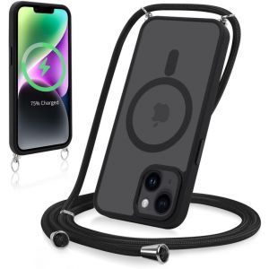 Kal-Magnétique Coque Pour Iphone 15 Plus 6,7"" Avec Cordon, Compatible Avec Magsafe, Étui Mat Translucide Rigide Pc + Tpu Bumper Antichoc Protection Housse Avec Réglable Collier Laniere Case, Noir - Neuf