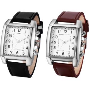 Montre Homme En Cuir,Montre Homme Rectangulaire &Agrave; Bracelet Analogique Quartz,1atm Etanche,Montre Vintage Simple Avec Calendrier Et Gros Cadran,Cadeau Pour Homme - Neuf