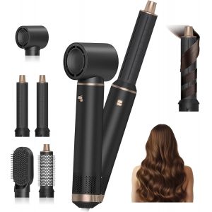Brosse À Air Chaud Multifonction, 4 Têtes Interchangeables, Sèche-Cheveux Et Lisseur Avec Rotation À 360°, Noir Et Or Rose - Neuf