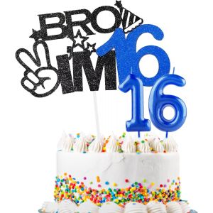 Chenquansarl-D&eacute;coration De G&acirc;teau &laquo; Bro I'm 16 &raquo; Et Bougie Happy Birthday En Forme De Chiffre 16 Pour Gar&ccedil;ons - Fournitures De G&acirc;teau D'anniversaire Pour Gar&ccedil;ons - D&eacute;corations De F&ecirc;te D'anniversaire - Neuf