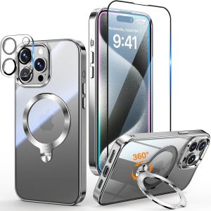 LORANKA-3 en 1 Coque pour iPhone 15 Pro 6.1"" [Coque Magn&eacute;tique Puissant pour MagSafe] [360&deg; CD Support Rolatif] [avec Protection Cam&eacute;ra & &Eacute;cran] Coque Antichoc &Eacute;lectroplaqu&eacute;e, Titane Naturel - Neuf