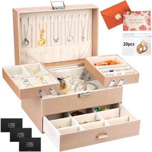 Kalanka-Boîte À Bijoux,3 Couches Rangement Bijoux,Écrin À Accessoires En Cuir Imperméable,Rangement Pour Bijoux,Bijoux Pour Femmes Pour Bracelets,Boucles D'oreilles,Bagues,Colliers(Beige) - Neuf