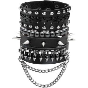 Kal-1-4pcs Bracelet Punk Clouté Bracelet Large En Cuir De Motard Rock N' Roll Pour Hommes Et Femmes - Neuf