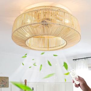 R&eacute;tro Ventilateurs De Plafond Avec &Eacute;clairage Et T&eacute;l&eacute;commande Silencieux E27 Fan Plafonnier Vintage Tissage Bambou Et Rotin Tiss&eacute; Lampe De Plafond Pour Salon Chambre Salle &Agrave; Manger Cuisine Lumi&egrave;re - Neuf