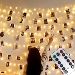 Kal-Guirlande Photo,10m100led 8modes,Alimenté Par Usb Ou Batterie,Avec Télécommande,Lumineuse Led D'intérieur Pour Chambre Photo Suspendre Des Photos,Décoration De Chambre (50clips 25clous) - Neuf