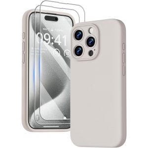 3 en 1 Coque iPhone 15 Pro Silicone Liquide - avec 2 Verre Tremp&eacute; - &Eacute;tui Protection Pr&eacute;cise de Cam&eacute;ra [R&eacute;sistant aux Rayures] [Antid&eacute;rapant] iPhone 15 Pro Case 6.1"", Gris Pierre - Neuf