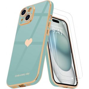 Eryi-Coque Compatible Avec Iphone 15 Plus + 2 Films De Protection D'écran, Coque Pour Fille, Coque De Protection D'appareil Photo Galvanisée Pour Iphone 15 Plus, Cyan - Neuf
