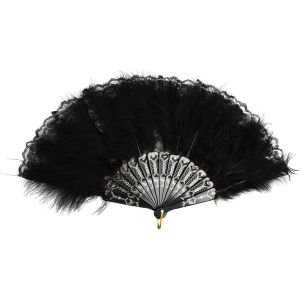 Kalanka-Eventail Plume Noire Folding Handheld Annee 20 Style, Rétro Embroidered Flower Marabou Feather Fan Ventilateur Plume Flapper, Pour Mariageête, Représentation Sur Scène, Tenue Assortie - Neuf