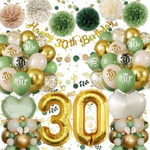 Decoration Anniversaire 30 Ans,D&eacute;coration 30 Ans Anniversaire Femme Homme,Vert Or Ballon 30 Ans Anniversaire De F&ecirc;te,Pompoms,Confetti Ballons,Banni&egrave;re Joyeux Anniversaire Pour 30 Ans R&eacute;utilisable - Neuf