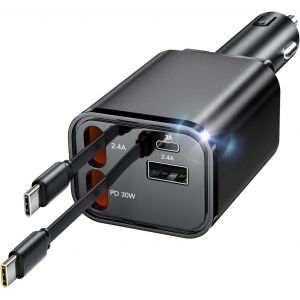 JGD-4 en 1 Chargeur Voiture USB c, Chargeur Allume Cigare 69W, C&acirc;bles R&eacute;tractables Double Type C et Adaptateur Chargeur 2 Ports USB,pour Galaxy/Google Pixel/iPhone - Neuf
