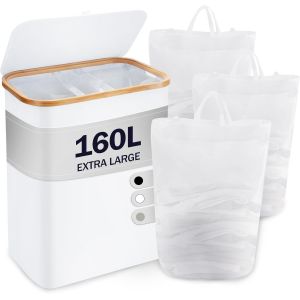 MEVRONISSHOP-Panier &agrave; linge avec couvercle - 3 compartiments - 160 l - Avec 3 sacs &agrave; linge - Grand panier &agrave; linge pliable - En bois de bambou - Blanc - Neuf